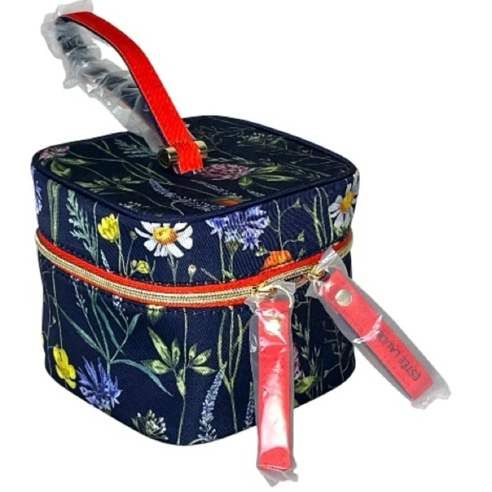 Estee Lauder Floral Print Double Zip Orange Top Handle Wristlet Mini Square Bag - Picture 2 of 11